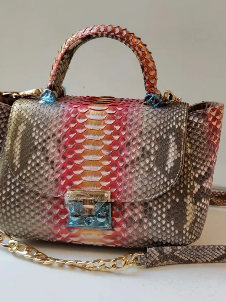 Genuine python top handle bag / designer bag / exotic leather bag /bronze leather designer women purse / classy elegant snake print bag