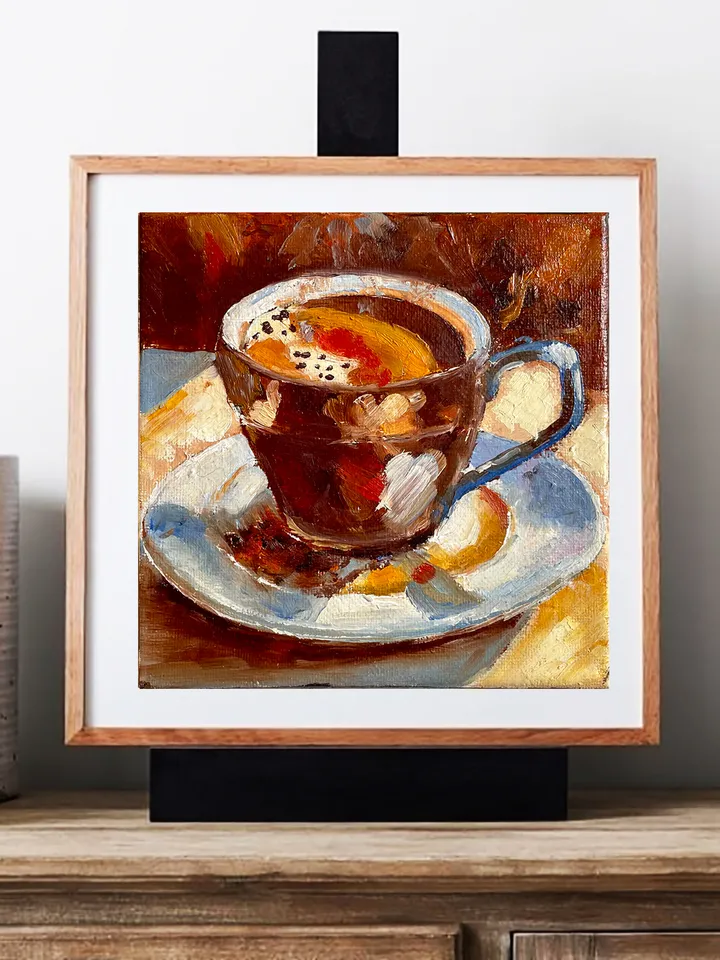Coffee Cup Oil Painting, Small Original Kitchen Wall Decor, Bar Cart Decor 6"x6"