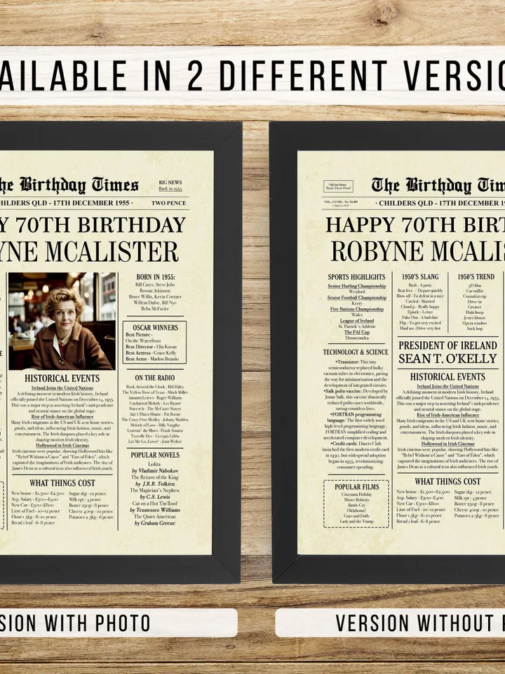 70th birthday NEWSPAPER, 70th birthday Ireland, 70th birthday gift for men or woman, 70th birthday poster, 70th birthday decor for ireland
