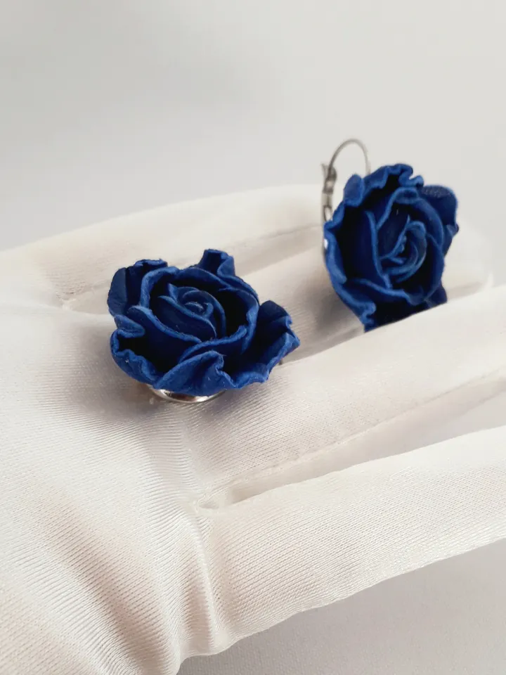 Blue rose leather earrings for her, Leather jewelry, 3rd anniversary gift for wife,art 9