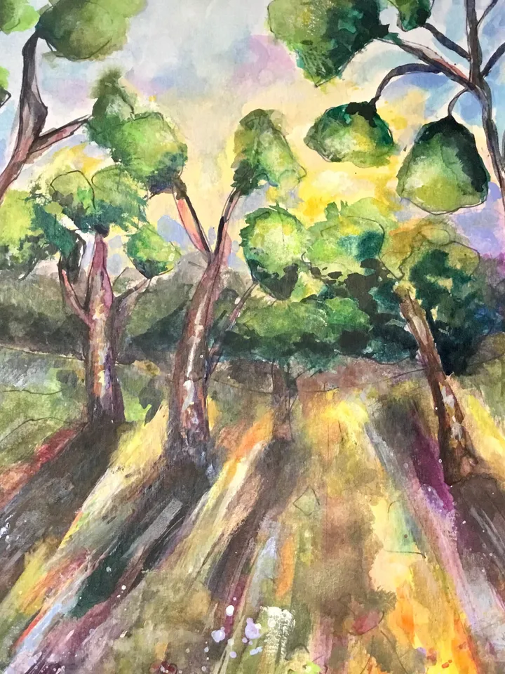 Fantasy landscape original watercolour painting,trees and flower fields on sunset,home decoration,wall hanging,gift.