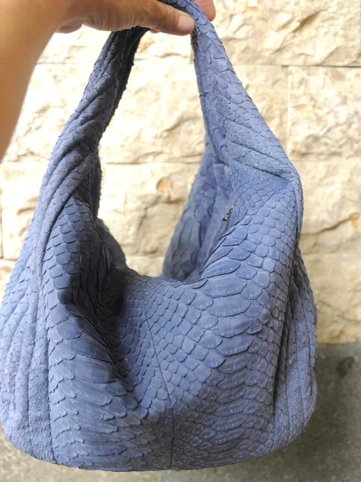 Medium Soft Hobo Classy Sport Woman Stitched Bag | Purse Genuine Python Skin | Dewi Gray Big Elegant Leather Designer Soft Bag Snake |