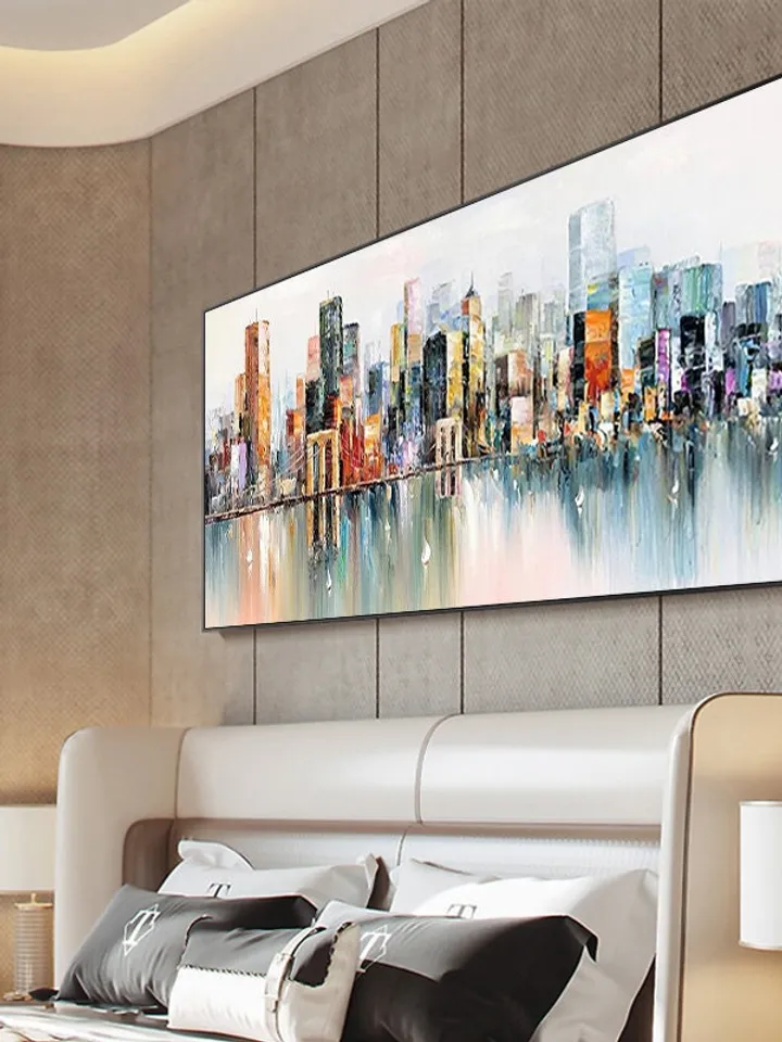 Abstract Cityscape Oil Painting, Large Original Colorful Urban City Landscape Oil Painting on Canvas, Modern Blue Living Room Wall Art Decor