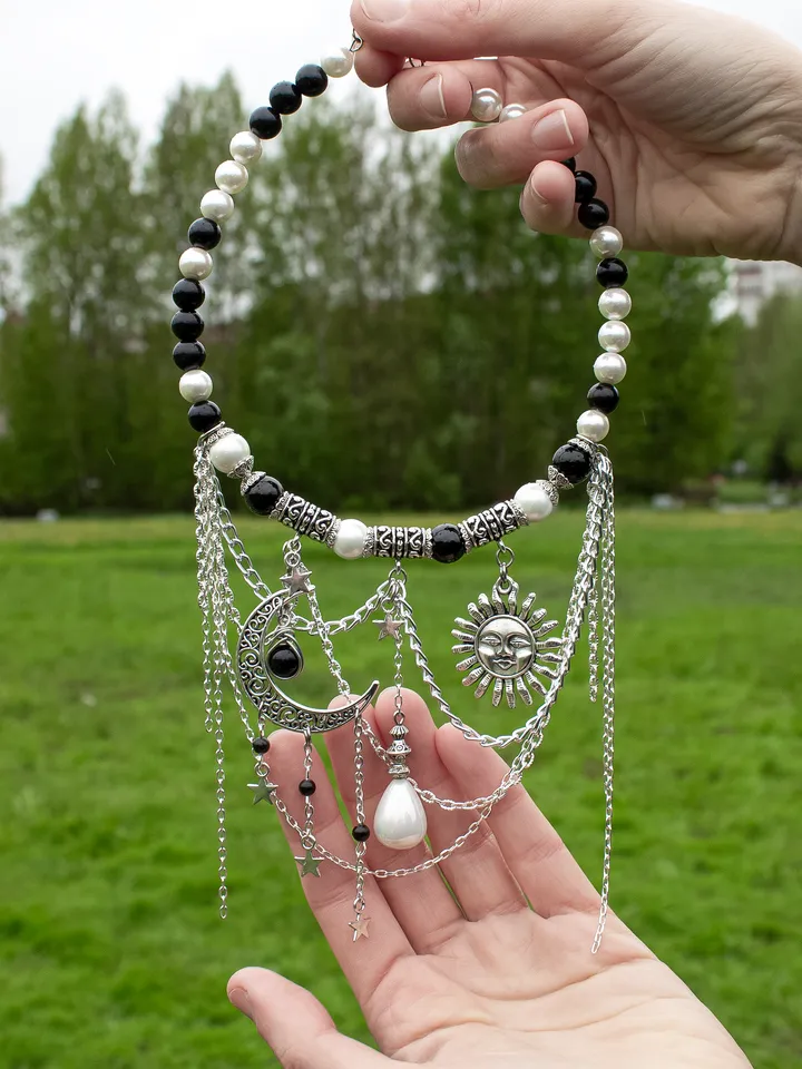 Handmade Statement Necklace with Pearls, Obsidian β Unique Celestial Jewelry