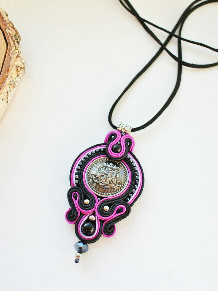 Black and pink boho necklace, Soutache pendant, Embroidered necklace, Ethnic necklace, Mandala