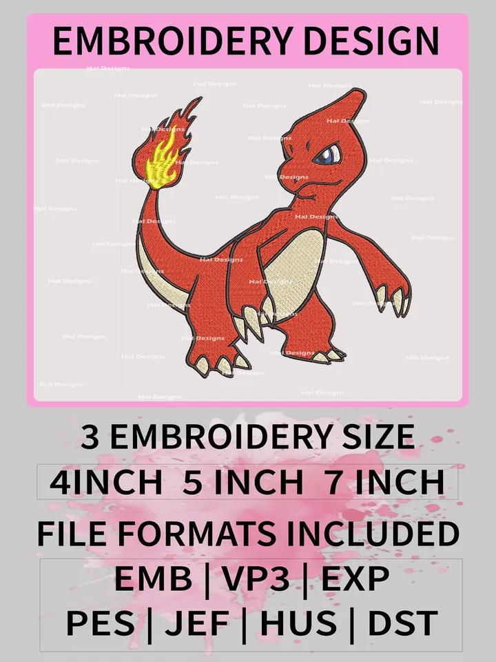 Pokemon Charmeleon Embroidery Design, Pokemon Dmbroidery, Anime Design, Embroidery file, Digital download