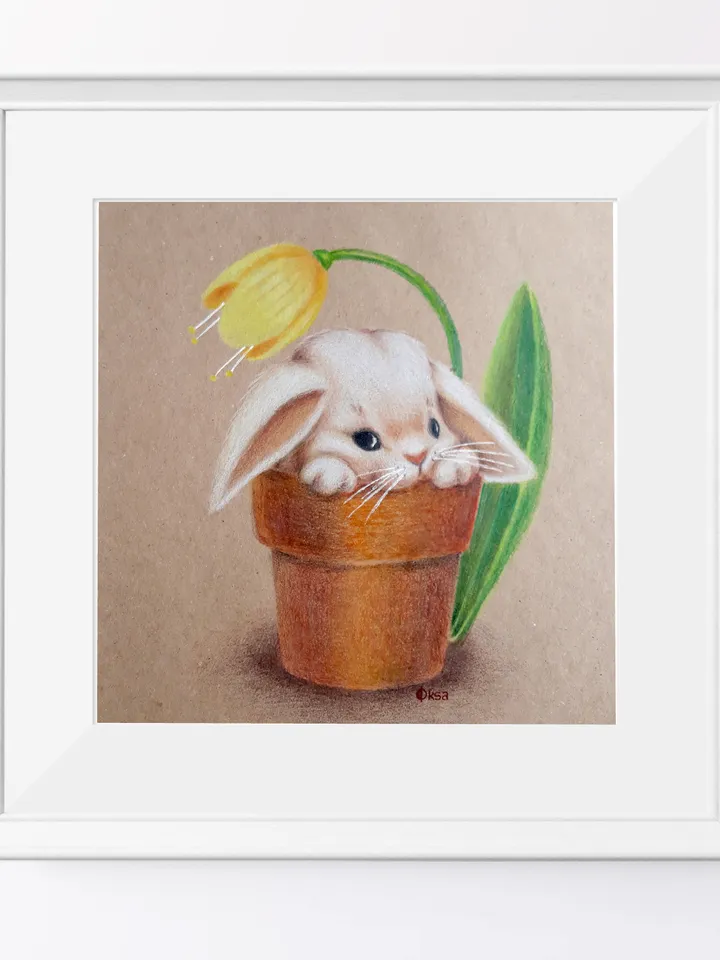 Children's Cute Bunny Painting/Colored Pencils Rabbit Picture/Animal Painting/Bunny Wall Decor Painting for Girls Room/Bunny & Yellow Tulip