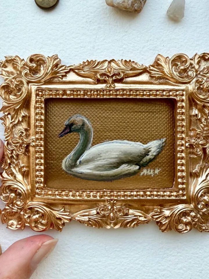 Framed Swan Oil Painting Original White Swan Art Bird Painting Gold Frame Dark Academia