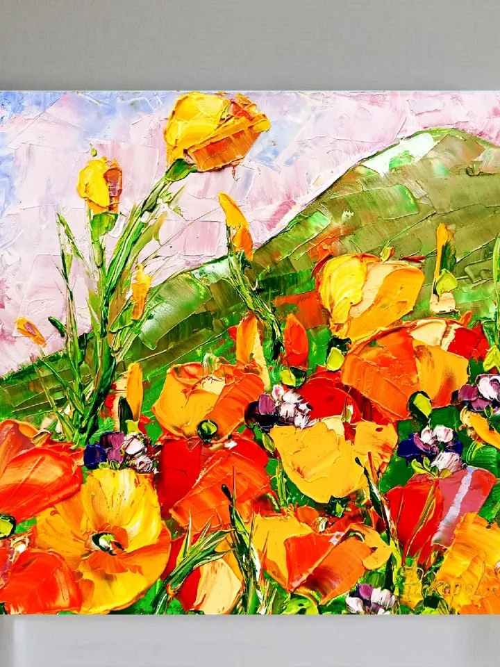 California Poppy Painting Original Art Impasto Oil Painting Flower Small Artwork Impressionist Art Gifts by ArtProkopaloSv