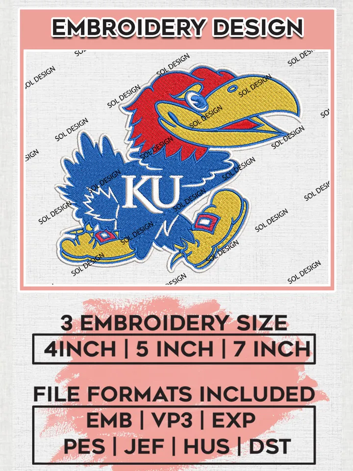Kansas Jayhawks Logo Machine Embroidery Design, NCAA Kansas Jayhawks Embroidery Design Design files, NCAA Embroidery Designs, NCAA Machine Embroidery Designs, Digital Download