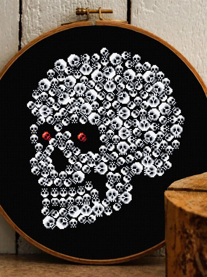 Halloween skulls cross stitch pattern download PDF Gothic ornament cross stitch chart, Horror Halloween pattern, Skull embroidery PDF #H51