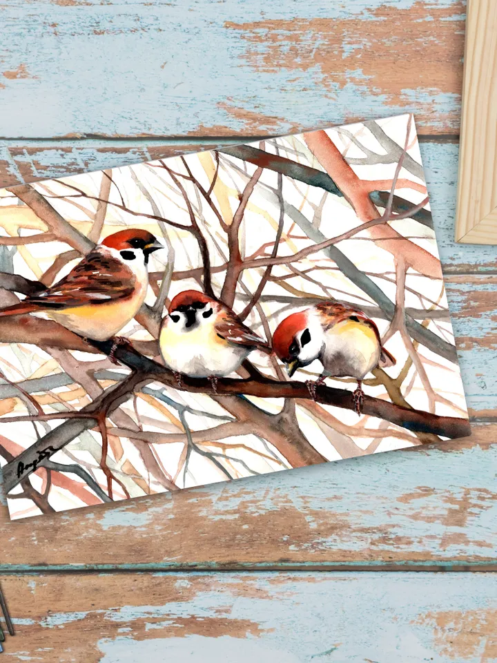 The birds i love original watercolor sparrows painting 8x11 in, sparrows on a branch art for birds lovers by Anne Gorywine