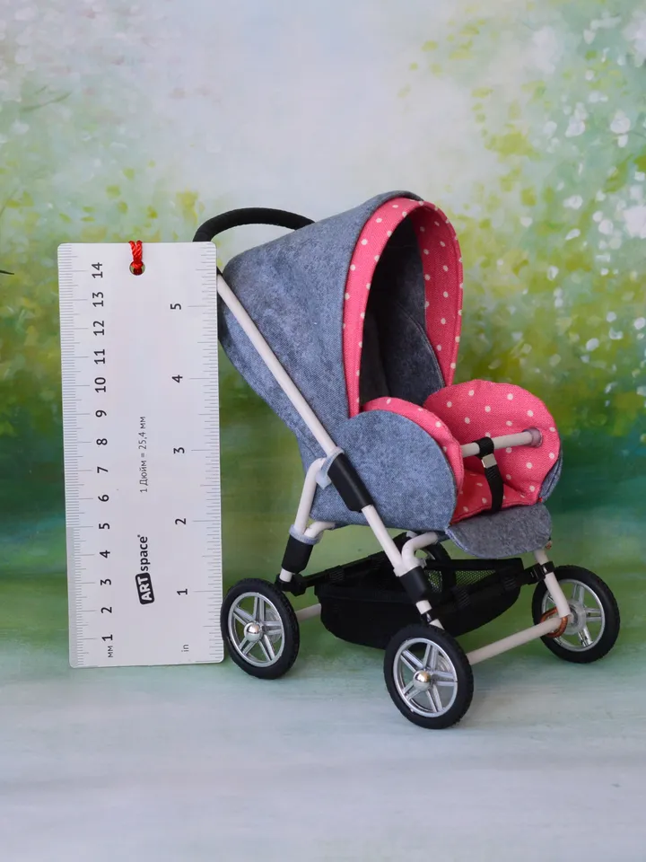 Miniature toy stroller for dolls in 1/6 scale. Accessories for small dolls and poupins. Pram for Barbie doll.