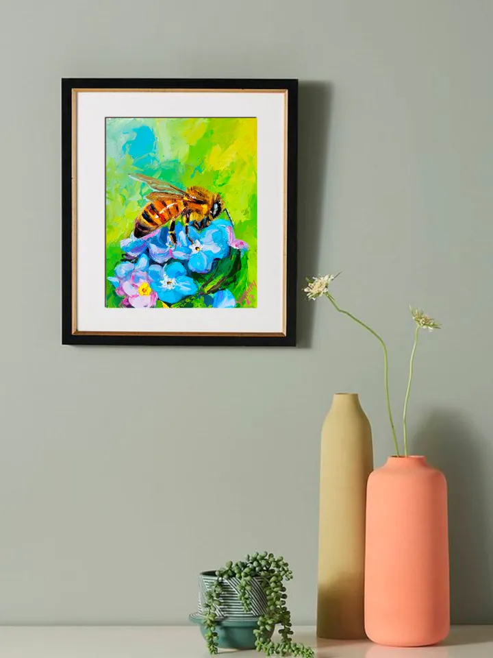 Forget Me Not Flower Honey Bee Painting Original Art Impasto Oil Painting 8x10 Birthday Gift Bee Artwork Blue Flower Wall Art by ArtFromVictoria