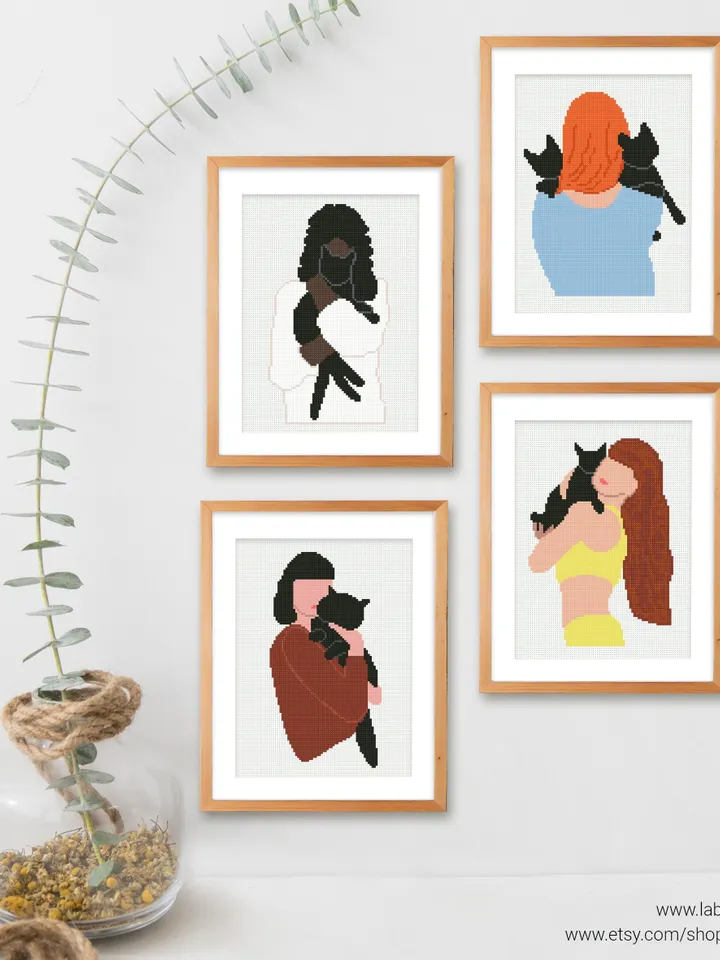 Woman Cats Boho Style cross stitch pattern, bundle, Floral, nature, girl, counted, chart, gift DIY, embroidery, beginner, instant PDF