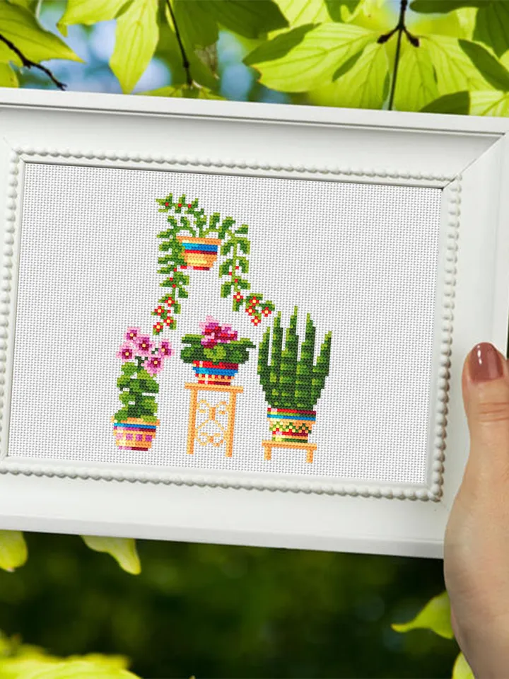 Home plants cross stitch pattern download PDF, Floral cross stitch chart, Small embroidery beginner, Potted plants digital pattern PDF #P6