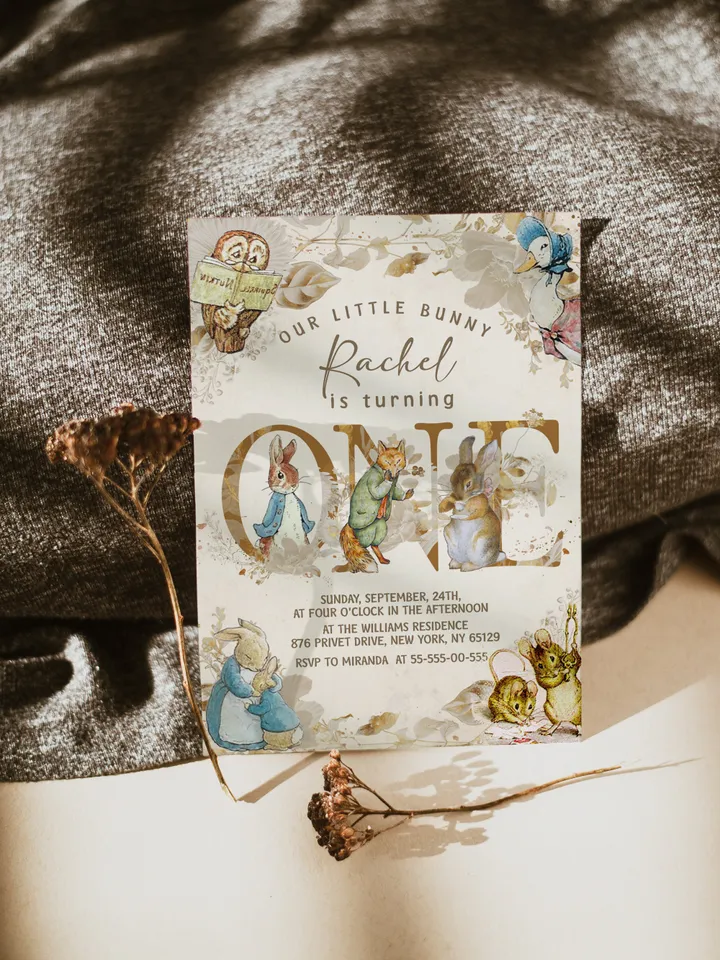 DIY Classic Peter Rabbit First Birthday Invitation; Peter Rabbit neutral birthday any age editable template; tale of peter rabbit pr1