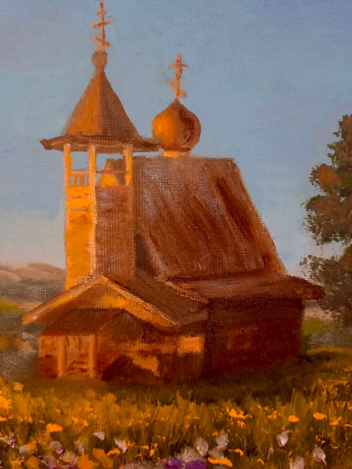 Oil painting summer Landscape Church