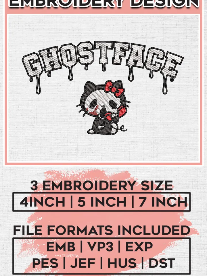 Hello Kitty x Ghostface Drop Name Embroidery designs, Scream Machine embroidery designs, Halloween embroidery files, Horror Movie Machine Embroidery Digitized Pes Files, Digital Download