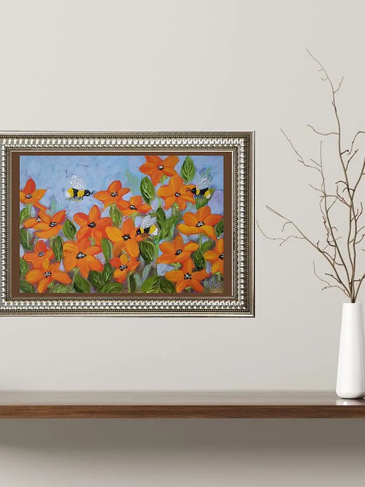 Bee Painting Poppy Original Art Floral Wall Art Flower Oil Painting