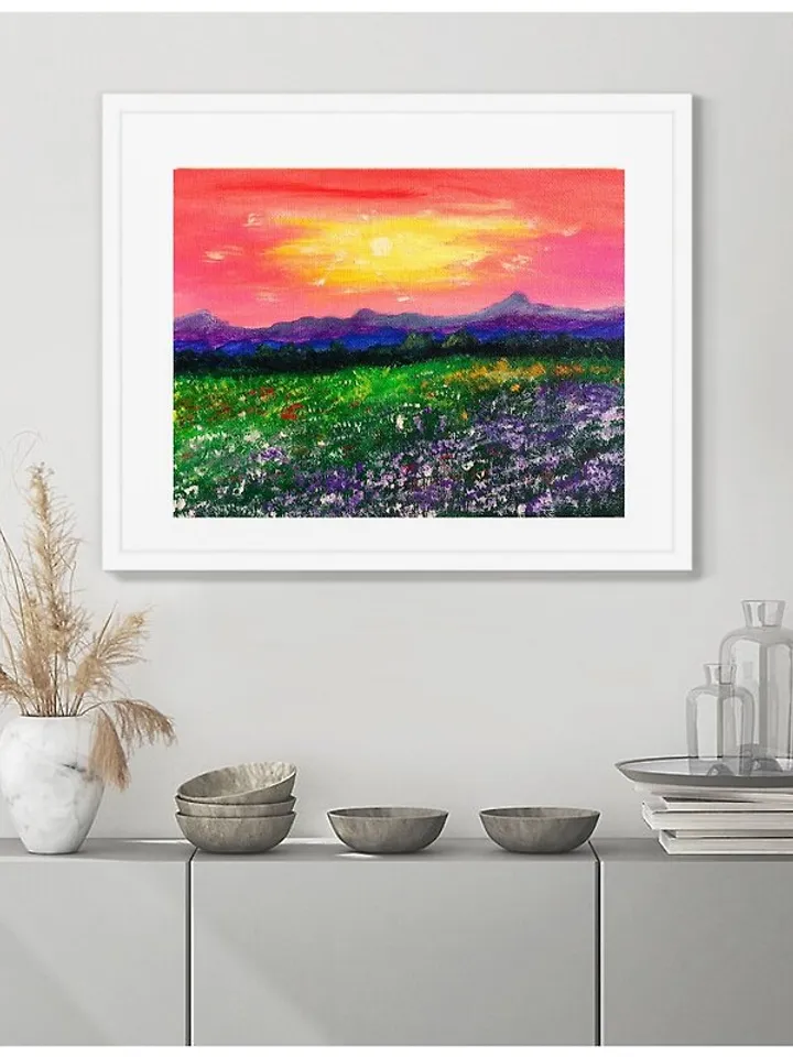 Landscape Original Acrylic Painting Image of mountains and wildflowers Small art