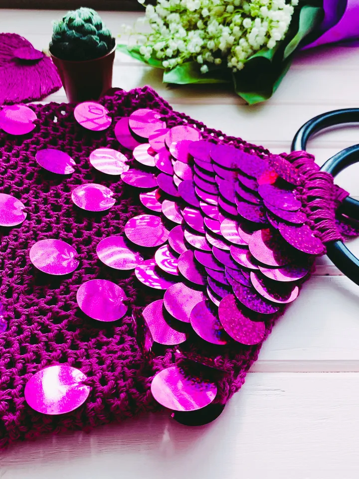Purple farmer cotton bag with sequins, eco friendly bag, avoska net bag, market vegan bag, tote beach, macrame yoga tote, pound
