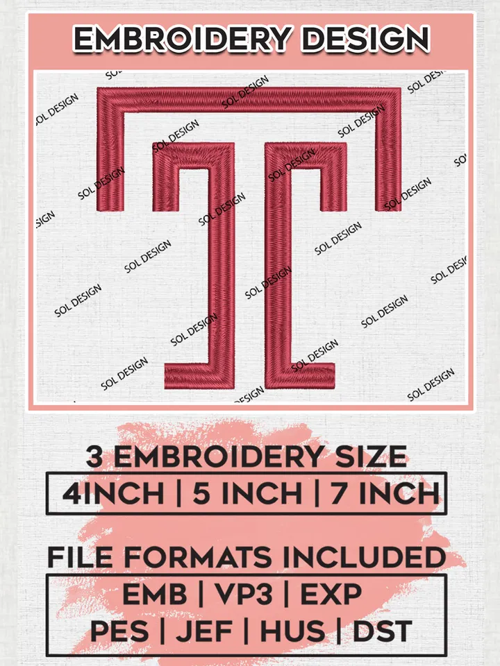 NCAA Temple Owls Team Letter Logo Embroidery Design Files, NCAA Temple Owls Machine Embroidery, NCAA Teams, 3 sizes, NCAA Machine embroidery designs, Digital Download