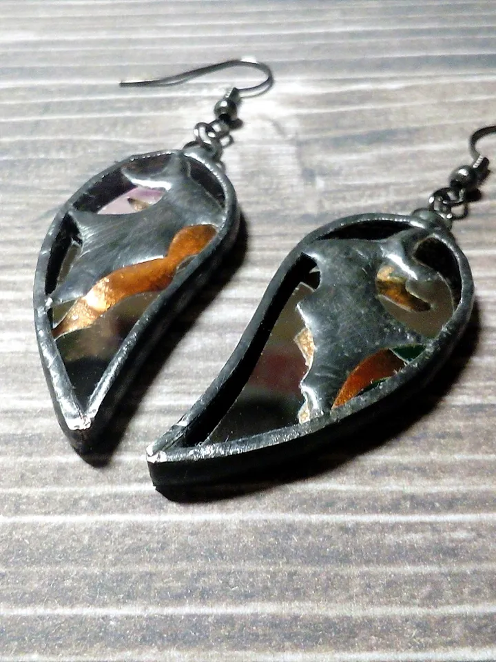 Glass black BAT mirror earrings, Goth black earrings, Halloween stained glass, Bat wings earrings, samhain