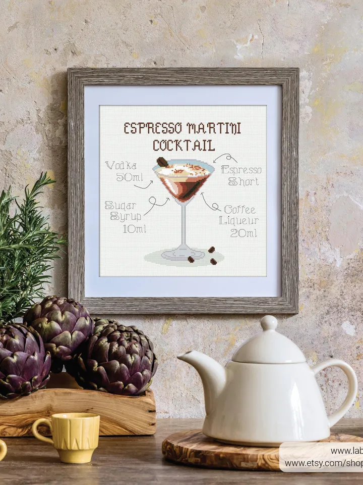 Espresso Martini Cocktail Recipe cross stitch pattern, home decor, counted, chart, gift DIY, embroidery, beginner, instant Digital PDF