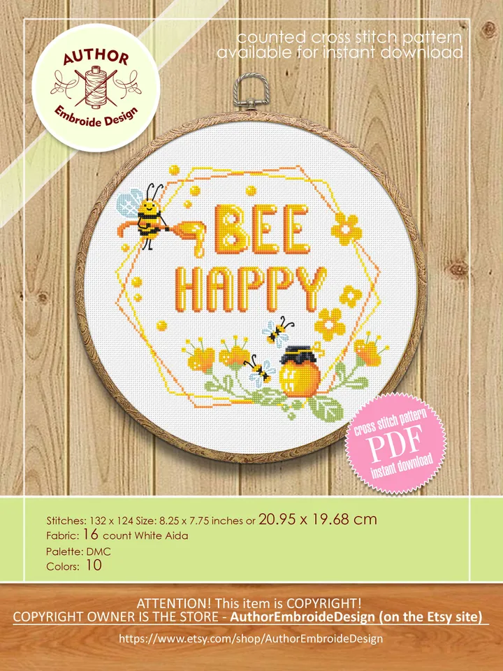 Honey bee cross stitch digital PDF pattern Bee Happy cross stitch Quote Floral wreath xstitch chart Easy begginers embroidery Bee decor #Q47