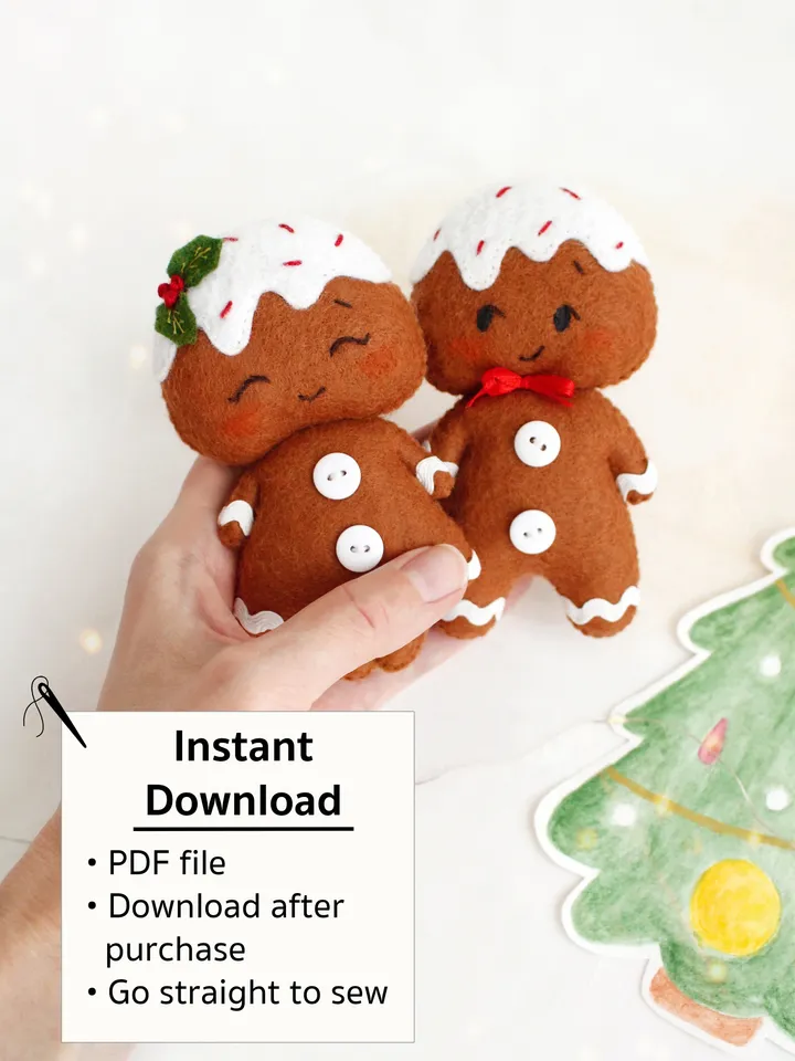 Felt gingerbread boy and girl hand sewing PDF tutorial with patterns. DIY Christmas tree ornaments. Soft toy pattern