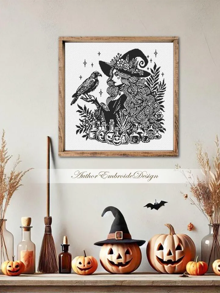 Halloween forest witch cross stitch pattern PDF download Halloween cross stitch chart monochrome, Gothic pattern digital PDF Black crow #H77