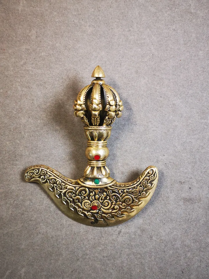 Gandhanra Antique Tibetan Trantic Practitioner Ritual Implements,Nine Pronged Vajra & Kartika(knife of the dakinis), Made of Brass