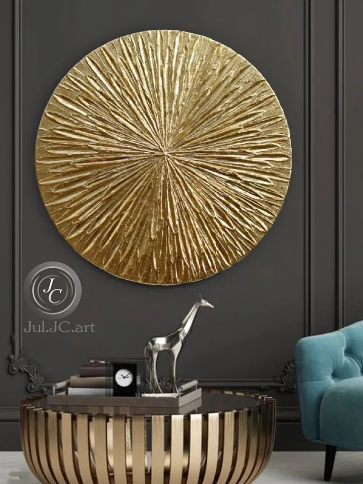 Gold Abstract Art Original Painting Textured art on a round canvas | Gold Metallic Modern wall decor Gold Leaf Art