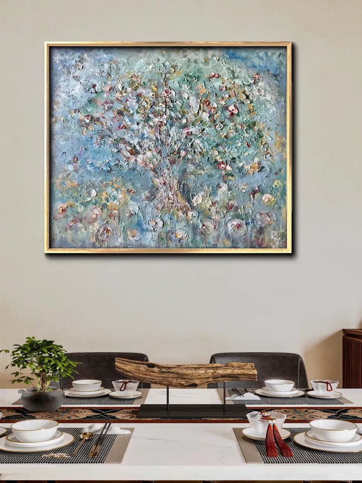 Apple tree original oil impasto style textured painting on stretched canvas,home decoration,impressionistic,large canvas wall art