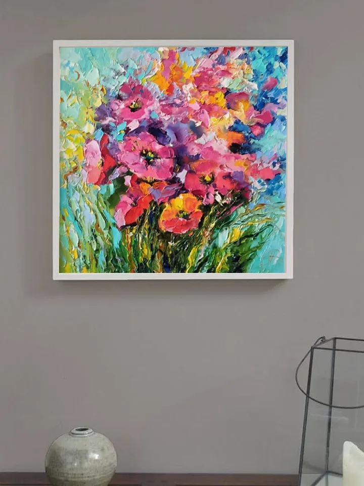Bouquet Flowers Poppies Oil Canvas on Cardboard Original Art Painting Impasto Palette Knife 16 x 16 inches by Artist Natalia