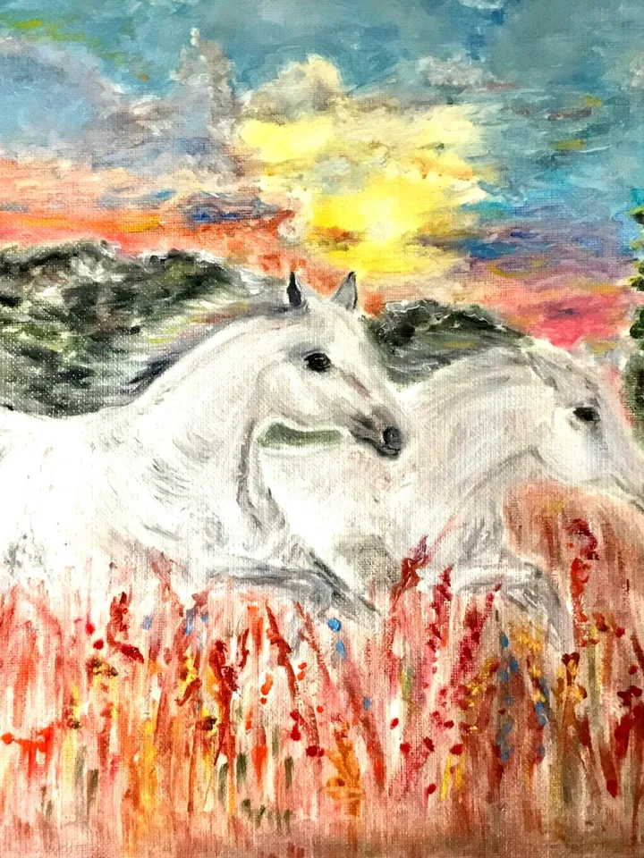 Horses painting,White Horses running in the field on sunset,original oil painting on stretched canvas.