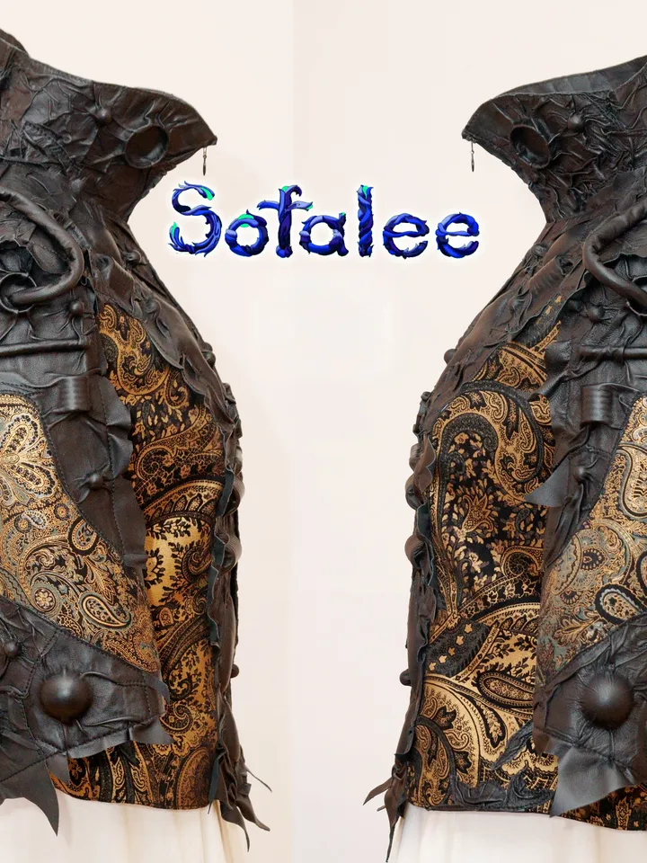 The unique genuine leather jacket 3/4 sleeves, wide bracelets, collar, cyberpunk style by Sofalee. The real leather coat