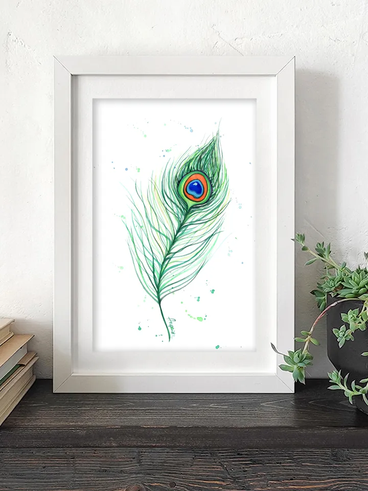 Peacock Feather Original watercolor, bird painting, wall decor, birds lover gift, 8x11 in handmade art by Anne Gorywine