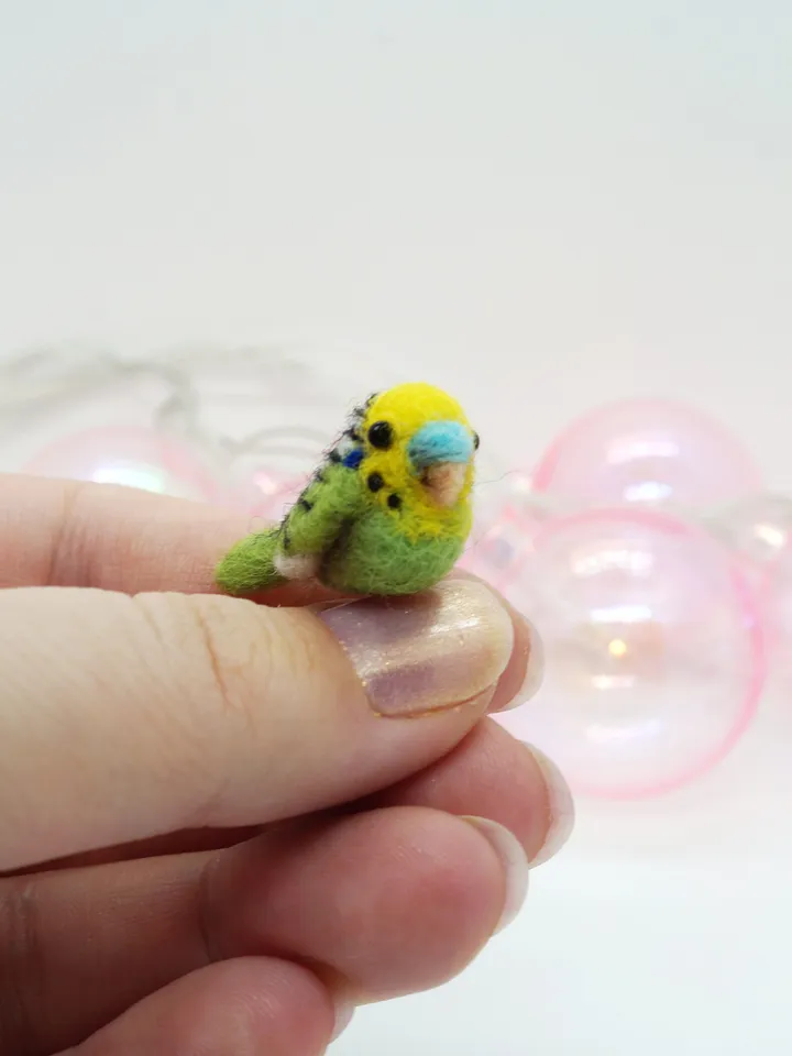 Miniature needle felted green budgie, tiny pet, tiny bird