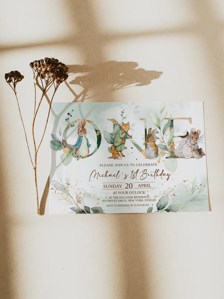Rustic Peter Rabbit First Birthday Invitation Template;  Spring Bunny Classic Peter Rabbit Birthday Invitation  Handdrawn Peter Rabbit