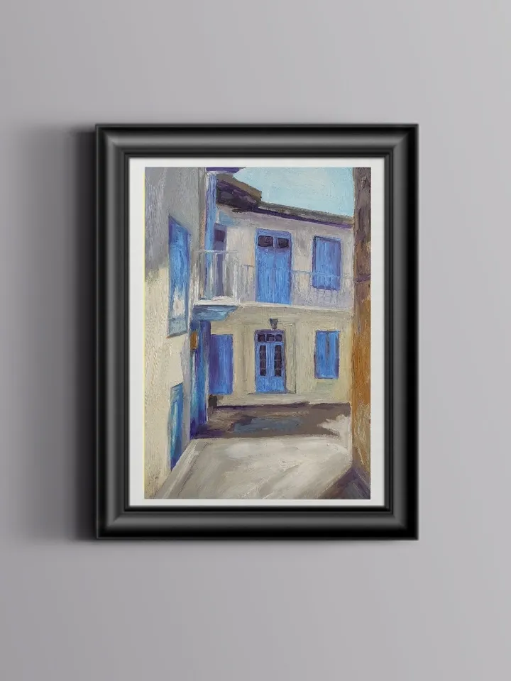 Oil painting on cardboard the house with blue windows
