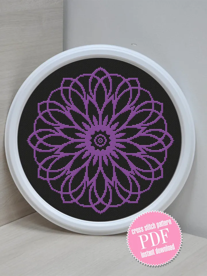 Flower mandala cross stitch pattern download PDF Mandala pattern digital PDF Monochrome cross stitch chart Floral ornament cross stitch #M67