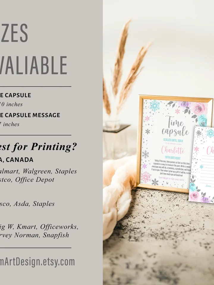 Winter Onederland Time Capsule and Matching Note Card Pink Purple Winter Onederland 1st Birthday Girl Decorations, Editable Template i098