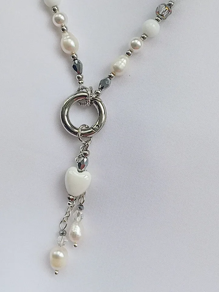 White Heart necklace and earrings set with natural pearls silver, heart shaped jewelry love gift, pearl earrings