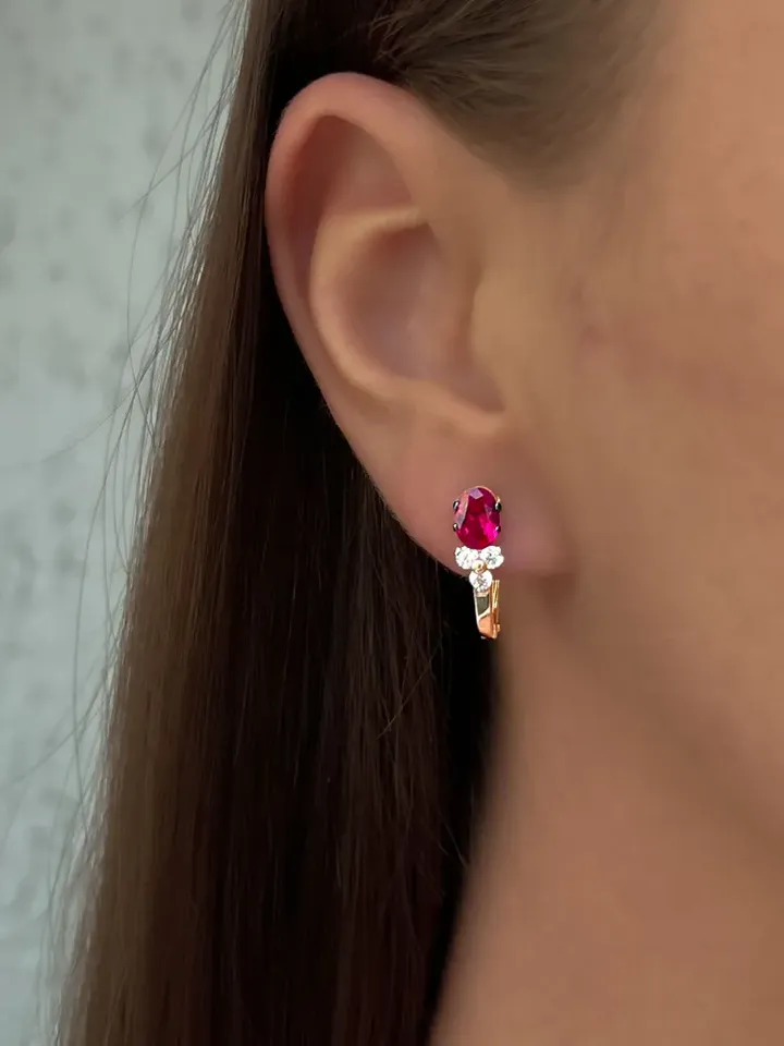 Earrings Silver gold plated 925 assay value with corundum ruby