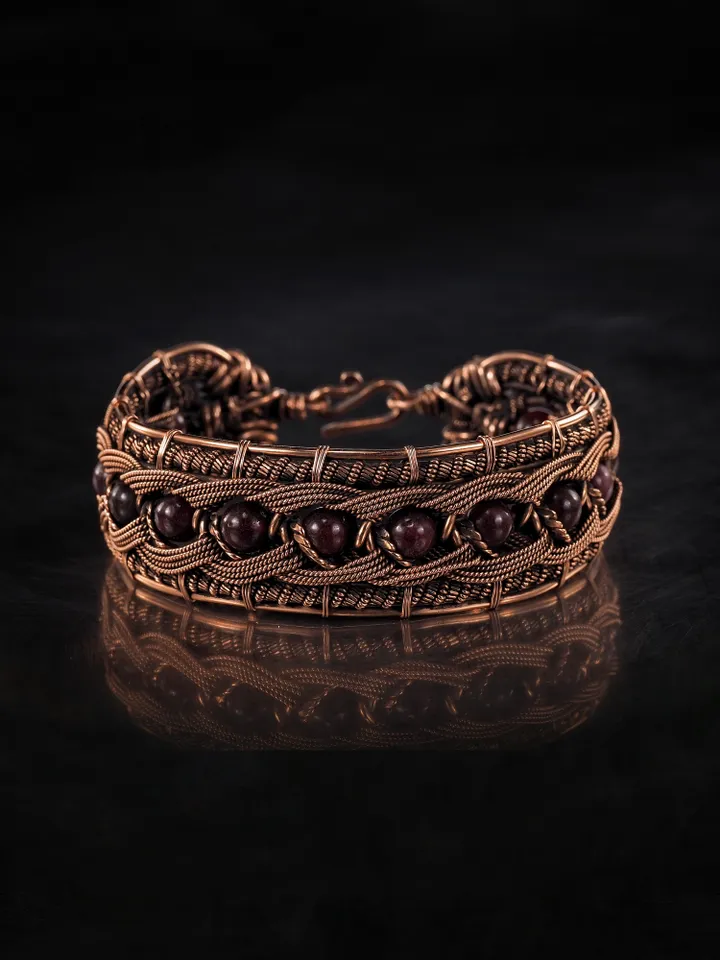 Copper wire wrapped garnet bracelet Unique bangle 7th Wedding Anniversary