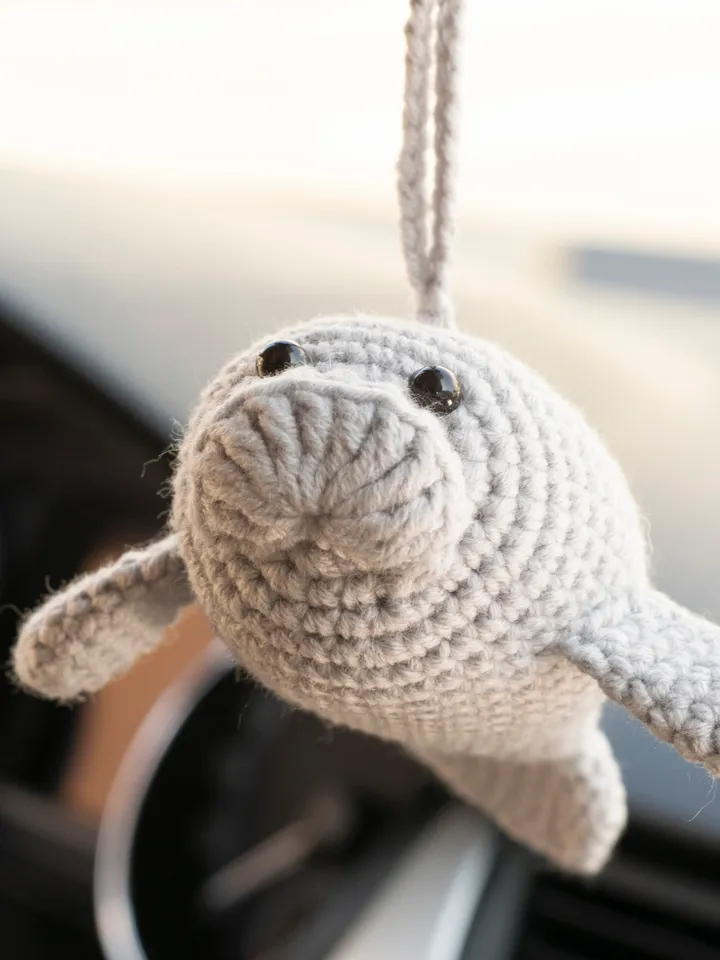 Manatee car hanging accessory for women, rear view mirror charm, cute crochet car pendant, stuffed manatee toy car decor