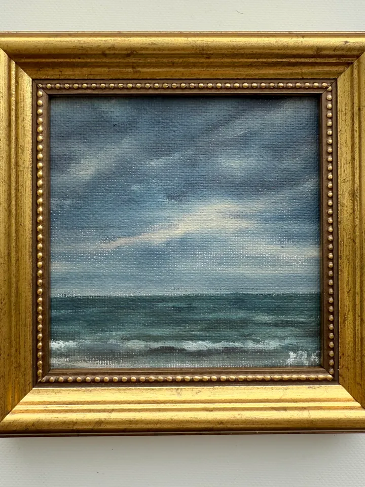 Small Landscape Painting On Canvas Framed Original Coastal Painting Antique Cloud Art Beach Gold Frame Paintings 4 x 4 Art Victorian