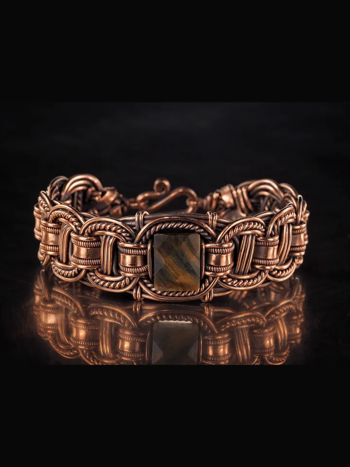 Copper wire bracelet with natural Tiger eye, 7th Wedding Anniversary gift